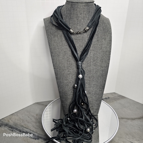 Black Suede Cord Tassel Necklace with Mixed Beads – 30" - Picture 1 of 13
